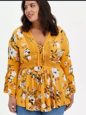 Torrid Mustard Yellow White Floral Lace V-Neck Boho Baby Doll Peasant Blouse